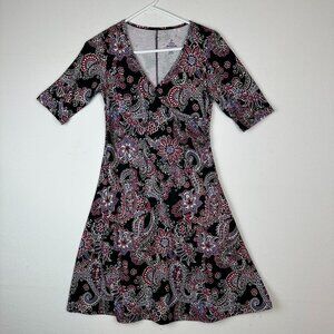 Prana "Nadia" Faux Wrap Floral Paisley V Neck Dress Athleisure Stretch